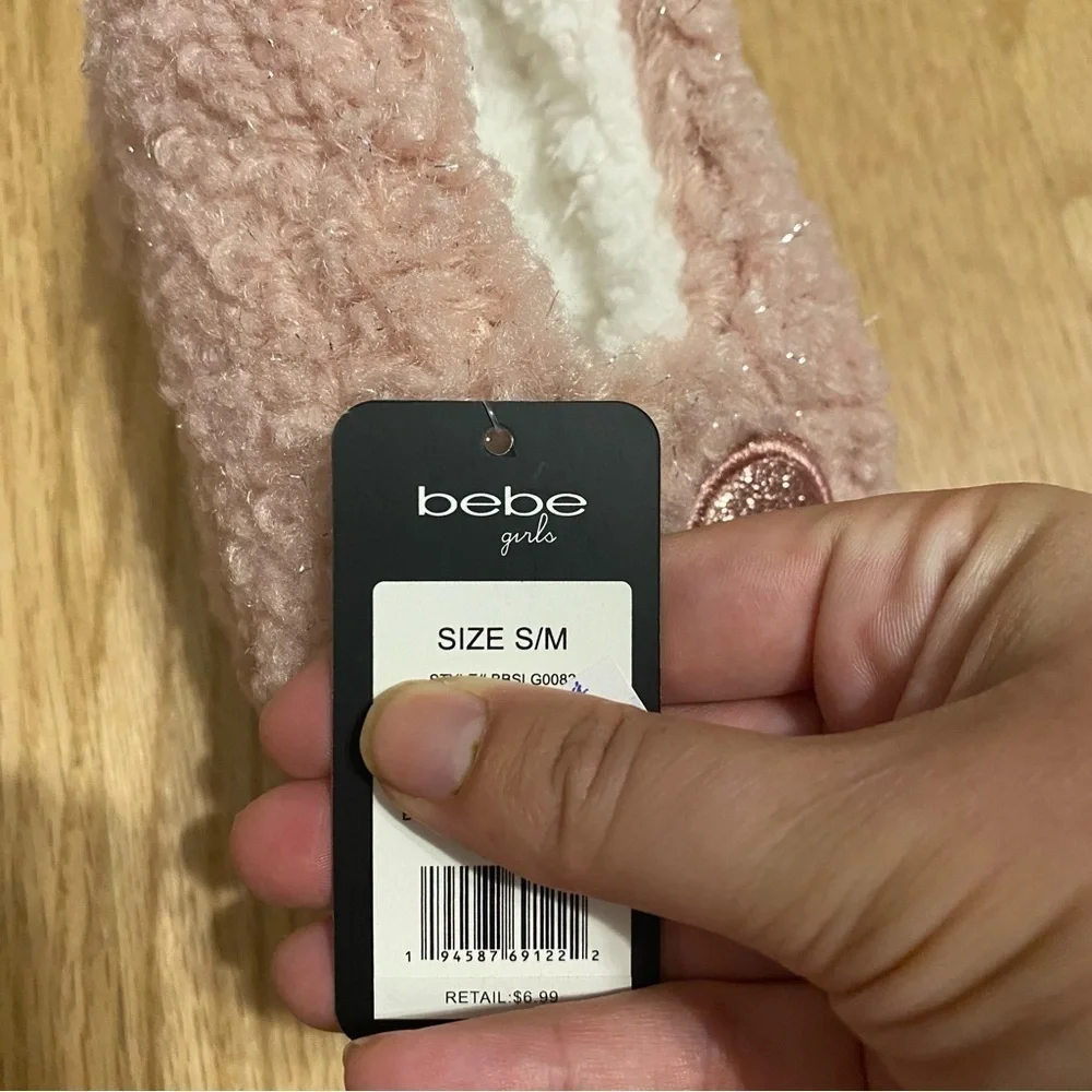 Bebe Pink Fuzzy Slippers NEW Kids Girls Small